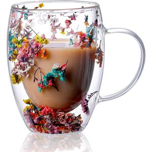 Double Wall Clear Glass Coffee Mugs,Creative Clear Glass Cups with Handle,Flowers Double Insulated Glass Cup for Hot Cold Beverages, Cappuccino, Latte, Espresso Coffee, Juice,Glass Coffee Cups