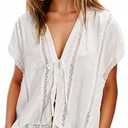 People Free Dupes Top, Womens Satin Lace Shirts Short Sleeve Button Up Chiffon Cardigan Tie Front Coquette Flowy Y2k Tops Clothes Small