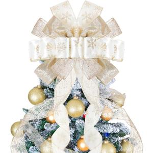 Christmas Tree Topper Bow, 52 Inch Large Tree Topper Bow with Streamers for Holiday Indoor Outdoor Decorations, Champagne, 1 Pcs