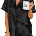 Ekouaer Womens Satin Pajamas Set Button Down 2 Piece Silk Pjs Shorts Set Ruffle Lingerie Notch Collar Sleepwear (Medium, Black)