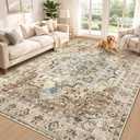 Area Rug 6x9 Vintage Rug: Washable Indoor Medallion Rugs Low Pile Distressed Floor Carpet Retro Accent Rug for Living Room Bedroom Kitchen Dining Table Home Office(Brown/Blue, 6'x9')