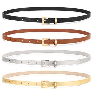 WHIPPY Set of 4 Women Skinny Belts Thin Leather Waist Belt with Alloy Pin Buckle for Pants Jeans Dresses, Black/Brown/Gold/Silver,Fits Waist 23"-26"