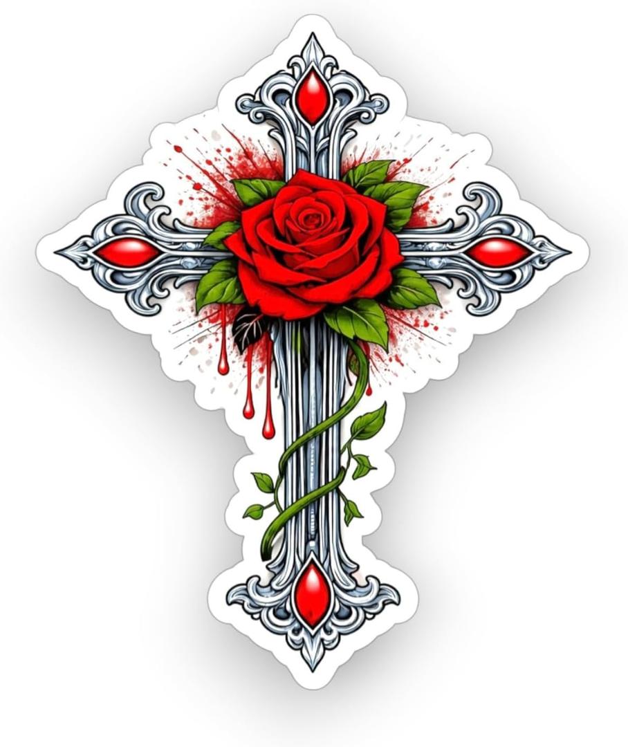 5 x Cross with A Red Rose Sticker 5 inch, Rose Decals for Cars, Waterproof Vinyl Decals for Trucks, Cars, Laptops, Tumblers or Any Smooth Surface
