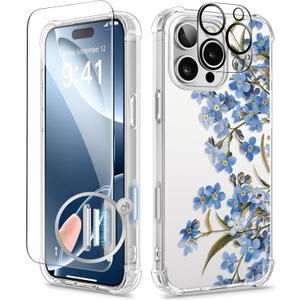 GVIEWIN for iPhone 16 Pro Case, with Screen Protector & Camera Lens Protector, Military-Grade Protection, Clear Shockproof Slim Floral Women Phone Case for iPhone 16 Pro, Aconite/Blue