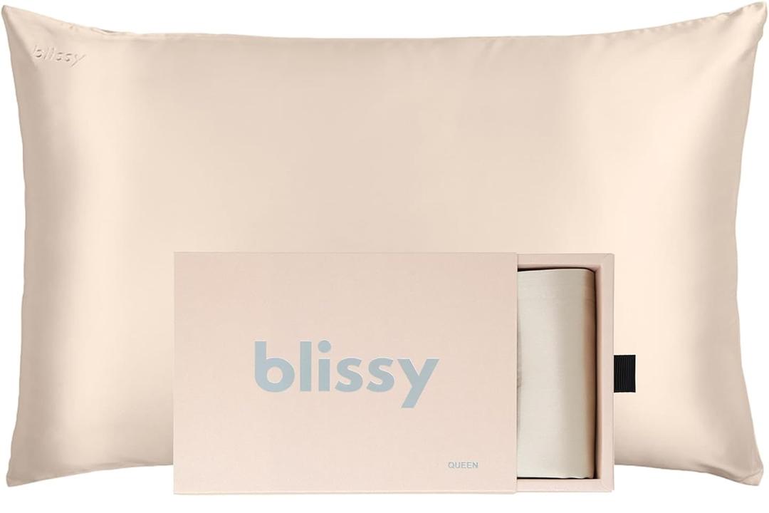 Blissy Silk Pillowcase - 100% Pure Mulberry Silk - 22 Momme 6A High-Grade Fibers - Silk Pillow Cover for Hair & Skin - Regular, Queen & King (Champagne, Queen)