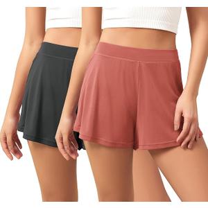 ODODOS 2-Pack Ultra-Soft Modal Lounge Shorts for Women – Lightweight & Breathable Sleepwear, 3" Inseam, Large, Black+indian Red-Washed