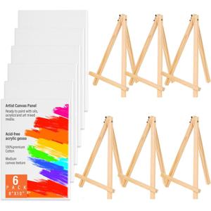Canvas Boards with Easel for Painting Pack of 6 8 x 10 Inch Painting Canvas Panels with Pine Easels, Blank Canvas Beginner Kit for Acrylic Oil Watercolor Crafts Sip and Paint Art Party