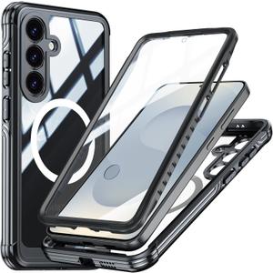 Miimall Strong Magnetic for Samsung Galaxy S25 Case, [Built-in Glass Screen Protector][Compatible with Magsafe][Military Shockproof Dropproof] Full Body Heavy Duty Phone Case for S 25, Black/Clear