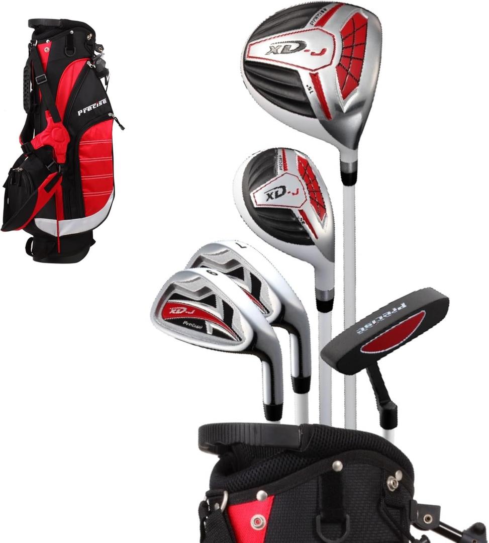 Precise XD-J Kids Golf Clubs Set  Boys & Girls Junior Golf Set with Lightweight Graphite Shafts, Hybrid, Putter & Stand Bag (Right Hand, Red Ages 6-8)