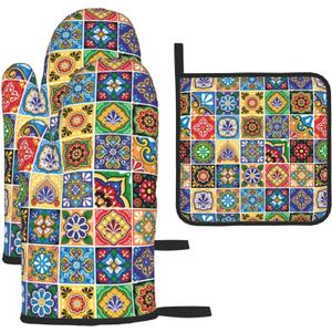 Mexican Talavera Tile Oven Mitts and Pot Holders Sets of 3, Heat Resistant Non-Slip Polyester Colorful Talavera Kitchen Gloves Gifts for Cooking Lovers, Vibrant Kitchen Decor for Baking BBQ Cooking