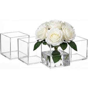 Kingrol Set of 4 Clear Acrylic Cube Vases, 4x4x4 Inch Square Flower Vase, Shatterproof Crystal Plastic Floral Containers for Wedding Centerpieces, Home & Office Decor