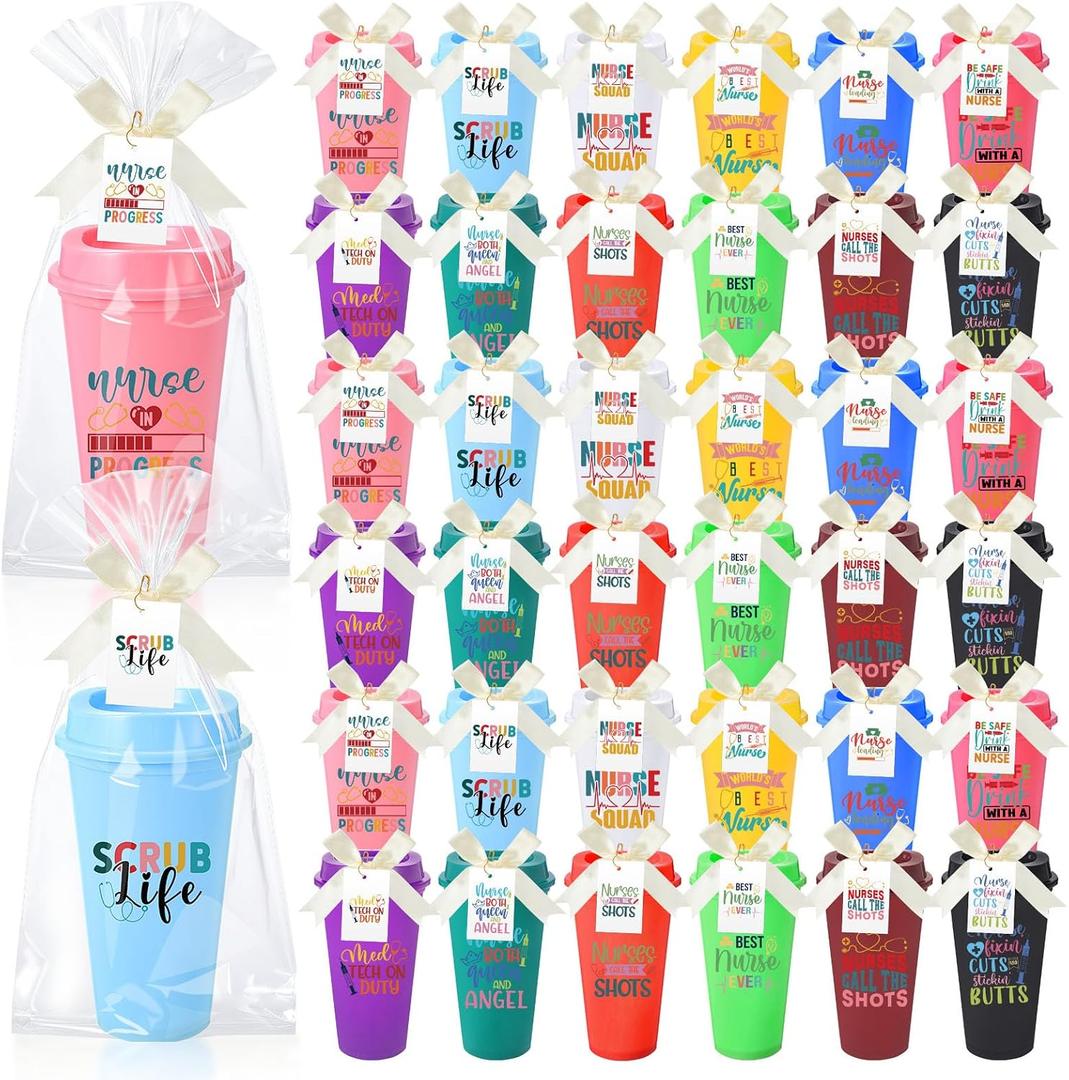 Skylety 36 Sets Nurse Appreciation Gifts, 16 oz Reusable Tumblers with Lids for Nurse Week 2026, Thank You Plastic Nursing Cups with Bow Cards and Opp Bags for Lpn Cna Rn Np Healthcare(Vivid)