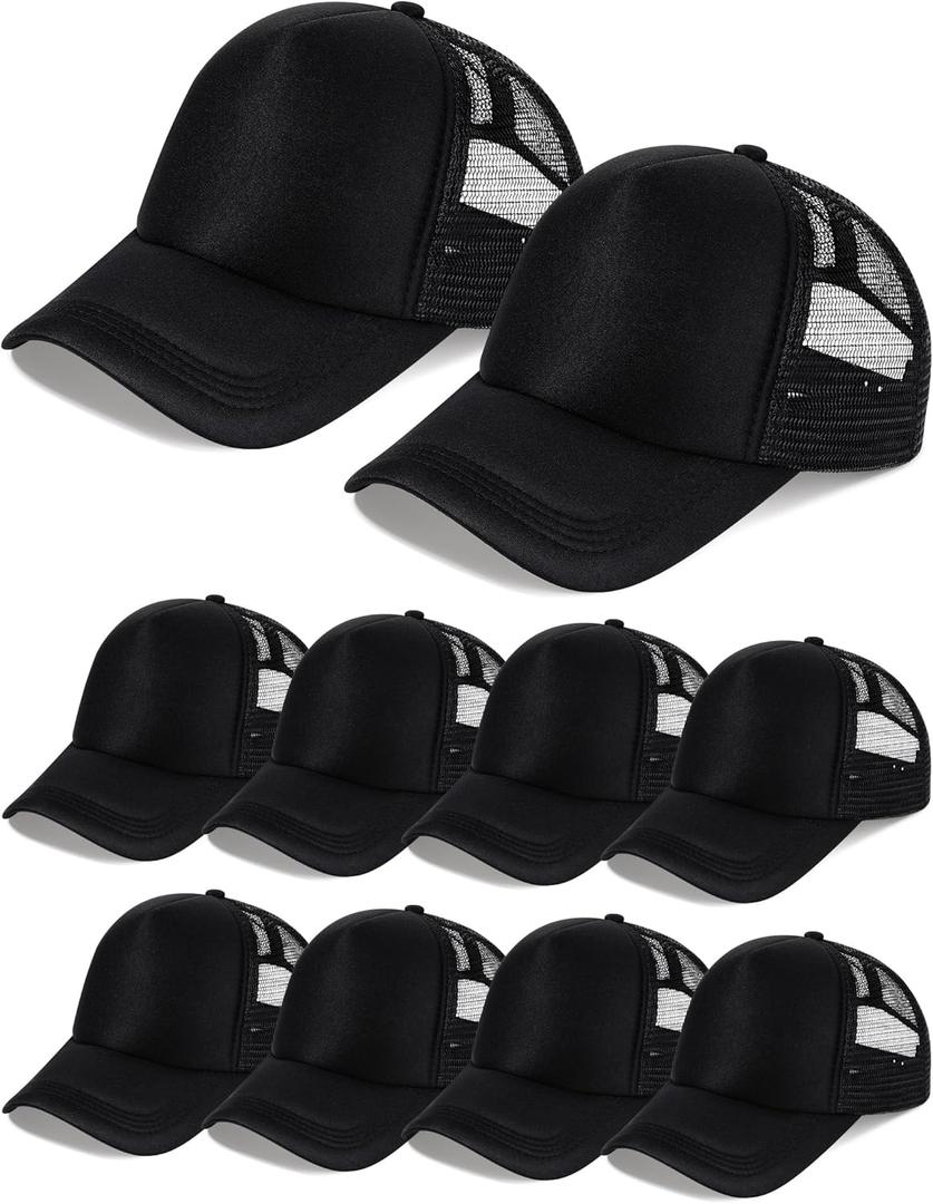 10 Pcs Sublimation Blank Trucker Hats Bulk Mesh Baseball Cap Polyester Mesh Trucker Hat for Men and Women (Black)