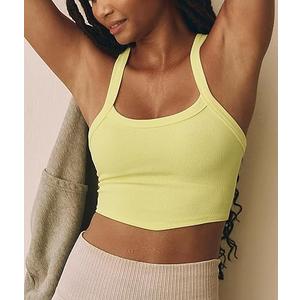 Tank Tops for Women Scoop Neck Crop Tops Athletic Workout Tops Cute Seamless Cami Ribbed Tank Top, XL, Cream Yellow
