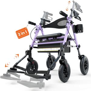 3 in 1 Folding Rollator Walker with Seat, Aluminum Transport Wheelchair Combo with Adjustable Footrest, Storage Bag & Cup Holder, Mobility Walker for Seniors, Purple