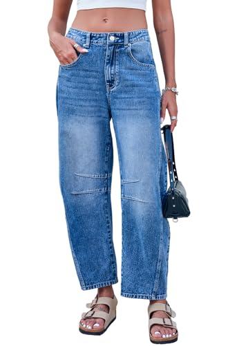 GREAIDEA Mid Rise Barrel Jeans for Women Wide Leg Mid Waist Cropped Cotton Pants Y2k Baggy Boyfriend Jeans with Pockets Dark Blue XXS