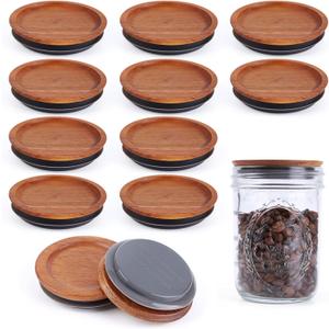 12Pack Wide Mouth Mason Jar Lids Acacia Wooden Storage Canning Jar Lids Ball Jars Bamboo Wooden Lids with Airtight Silicone Seal, Brown
