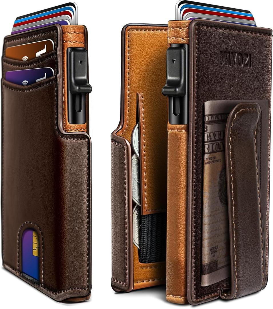 miyozi Wallet for Men, Magnetic Minimalist Slim Wallet with Pop Up Card Holder, 9 Cards RFID Blocking Metal Credit Card Case, Leather Wrapped Money Clip, ID Window & Small Item Slot, Gift Boxed (Burnt Umber / Orange023)