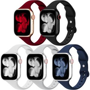 5 Pack Silicone Slim Bands Compatible with Apple Watch Band 38mm 42mm 40mm 44mm 41mm 45mm 46mm 49mm, Soft Narrow Sport Thin Strap for iWatch Ultra 3 2 1 Series 11/10/9/8/7/SE/6/5/4 Women Men (Black/Wine Red/White/Grey/Navy Blue)
