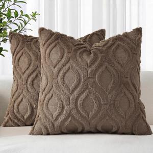 decorUhome Throw Pillow Covers 18x18 Inch Set of 2, Soft Plush Faux Wool Brown Solid Couch Pillow Covers, Accent Farmhouse Neutral Square Pillow Cases for Sofa Bed Living Room