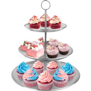 3 Tier Silver Cupcake Stand Stainless Steel Dessert Display Rack with Removable Tiered Tray for Parties,Weddings,Birthdays,Decorations,Any Festivals and Festivities(Stainless Steel Pole)