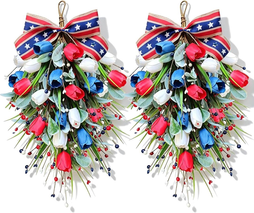 2 Pack 21'' Patriotic Swag Wreaths for Cabinets Artificial 4th of July Teardrop Wreath with Red White Blue Tulips Floral and Berries for Independence Day Memorial Day Front Door Porch Window Wall