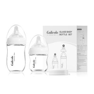 Natural Glass Baby Bottle Newborn Set, 3 oz and 5 oz with Extra Slow Flow & Slow Flow Nipple, Anti Colic, 0-3 Months, 2 Pack - White