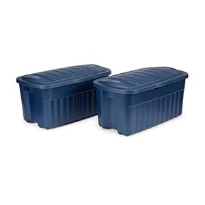 Rubbermaid Roughneck Tote 40 Gal, 2 Pack, Made in USA, Dark Indigo Metallic, Rugged Plastic Stackable Storage Bins with Lids and Handles