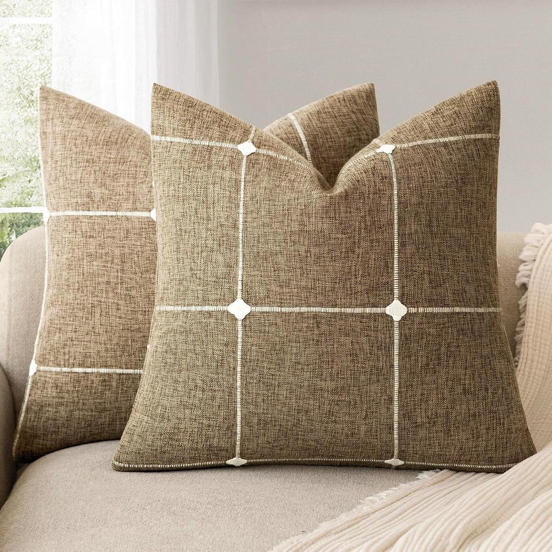 Foindtower Pack of 2 Decorative Faux Linen Jacquard Check Throw Pillow Covers Farmhouse Cushion Cover with Grid Textured Accent Pillowcase for Couch Sofa Living Room Home Decor,20×20 Inch,Tan Khaki