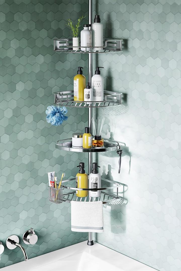 HAMITOR Corner Shower Caddy Tension Pole: Quick Installation 4-Tier Rustproof Bathroom Organizer Shelves for Bathtub Shampoo Storage - 47-121 inch Adjustable Floor Standing Bath Rack Holder - Silver
