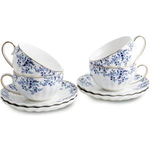 Agyiuns ceramic tea cups and saucers 6oz,floral tea cups for Coffee, Latte, Cafe Mocha and Tea (Little Blue Flowers)