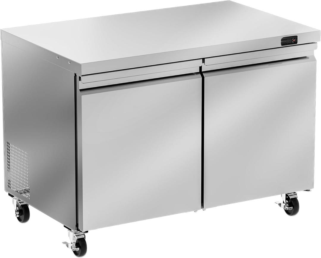 48" W Commercial Undercounter Freezer, 11.1 Cu.ft 2 Door Worktop Under Counter Freezer, Stainless Steel Commercial Kitchen Freezing Equipment for Restaurant, Bar, Shop, etc.