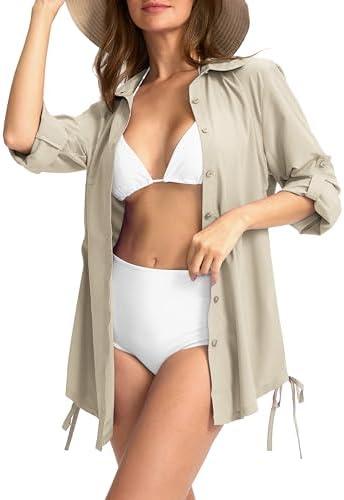 Women's UPF 50+ Long Sleeve UV Sun Protection Shirts Fishing Hiking Button Down Dress Shirt Swim Cover Up for Women XL