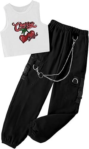 Hilinker Girl's Summer 2 Piece Outfits Sleeveless Crop Tank Top and Cargo Pants Set 11-12Y
