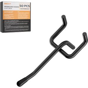 INCLY 50 Pack Black Pegboard Hooks, 2 Inch Metal Peg Board Hooks Accessories, Peg Board Tool Hangers Fit for 1/8 and 1/4" Pegboard Hanging Tools for Garage, Craft Room, Kitchen, Store
