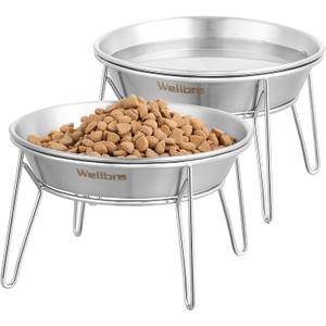 Elevated Cat Bowls, 5.9 Inch Wide Stainless Steel Cat Food Bowls with Metal Stand Whisker Stress-Free, Raised Food and Water Dish for Cats, Kitten, Puppies and Small Dogs-2 Pack