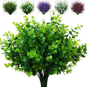 XLFAQXM Artificial Plants Flowers Grass Shrubs 8 Pack No Fade Faux Plastic Flowers Outdoor for Farmhouse Garden Porch Patio Indoor Wedding Decoration Greenery Fake Plants uv Resistant (1#Green)