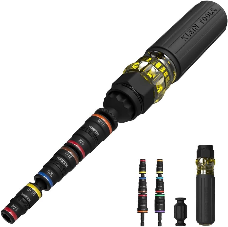 Klein Tools 32914HD 14-in-1 Impact Rated Flip Socket Set, SAE and Metric Sizes, Magnetic Socket Set with 12 Hex Drivers and Bit Holder, Cushion-Grip Handle