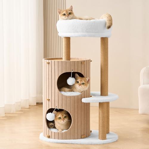 Kicari Modern Cat Tree for Indoor Cats Large Adult, 36in H Cat Tree Tower with Scratching Posts, Cozy Cat Bed Cave, Washable Cushions, Dangling Balls, Play&Nap Cat House Condo for All Breeds, Brown