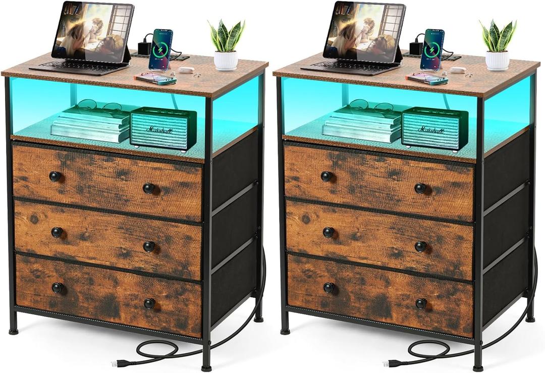 3 Drawers Dresser with Charging Station, 24 Inch Wide LED Night Stand Set 2 with Adjustable Fabric Drawer, Nightstand with Storage Shelf for Living Room/Bedroom/Office, Rustic Brown.