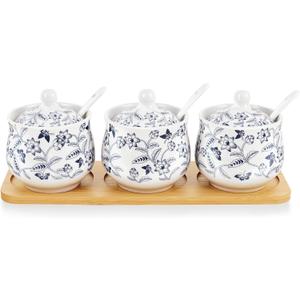 fanquare Blue and White Floral Ceramic Sugar Bowl with Lid, Spoon and Tray, Coffee Sugar Canister Set of 3, Seasoning Box Salt Bowl for Kitchen, 9.5 Ounces