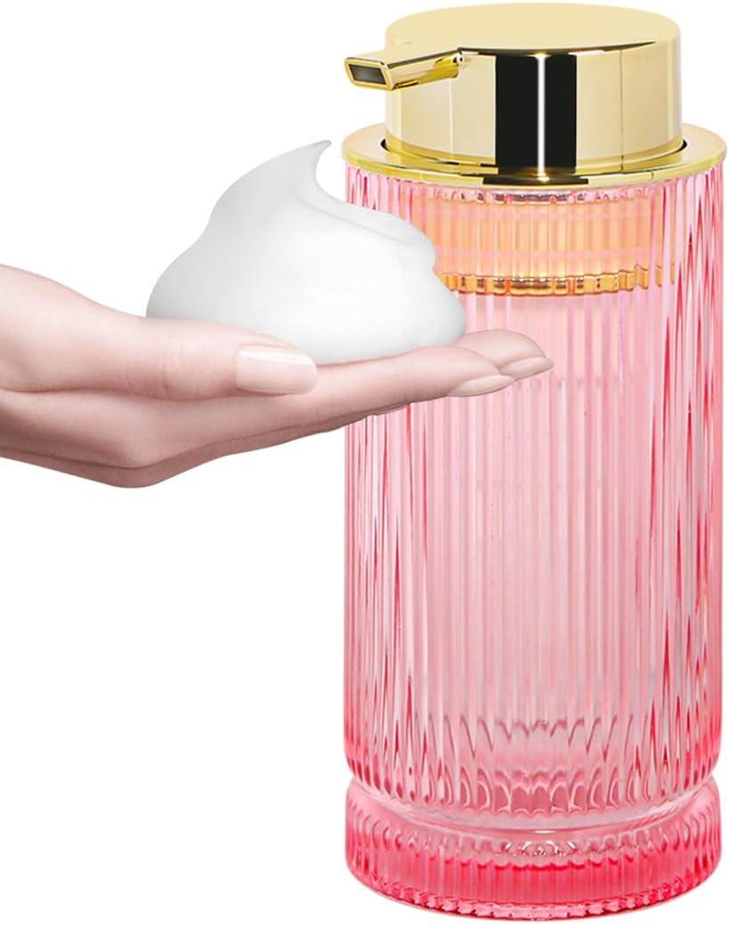 Foaming Soap Dispenser, Pink Glass Foam Hand Soap Dispenser with Gold Pump, 14 Oz Bathroom Refillable Liquid Lotion Pump Ribbed Bottle Container for Kitchen Countertop Decor, 1