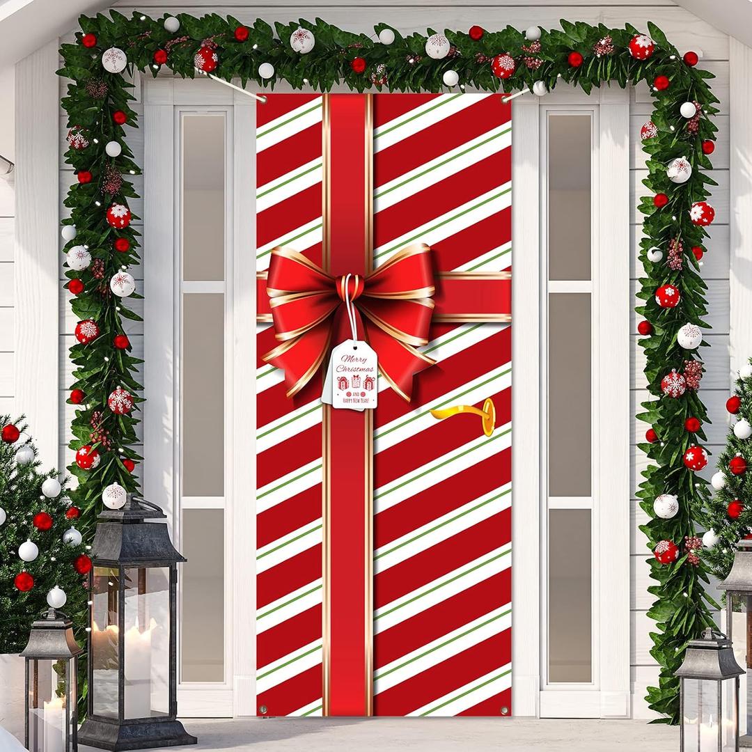 Christmas Door Cover Decoration Merry Box Bowknot Photography Backdrop Outdoor Sign for Home Wall Indoor Outdoor Party 35.4''78.7''(Red)