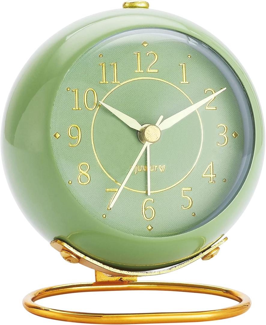 Metal Desk Clock, Retro Bedroom Table Vintage Analog Alarm Clock, Silent Non-Ticking Gold Clock, Bedside Dcor(Olive-Green)