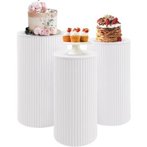 Metal Pleated Cylinder Pedestal Stands for Party, 3 Pieces Heavy Duty Round Cake Pedestal Stand Display Plinth Pillars Art Decor for Wedding Ceremony Birthday PartySmall, White (L:23.82"x12.6", M:21.85"x11.02", S:19.88"x9.45")