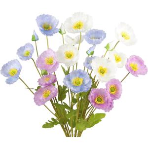 CISDUEO 6 Pcs Artificial Poppy Flowers Silk Flower Poppy with Stems Real Touch Faux Poppy Spring Flowers for Home Kitchen Wedding Decorations Floral Arrangement Table Centerpiece (Purple, Blue, White)