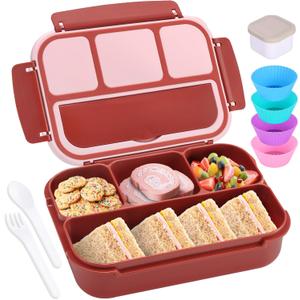 Shell and Turtle Bento Box Adult Lunch Box, Lunch Containers for Kids Girls Boys with 4 Compartments, Lunchable Food Container with Utensils, Sauce Jar, Muffin Liners, 40 Oz/5 Cup, Retro Red
