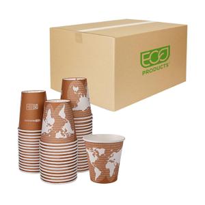 ECO PRODUCTS Compostable Disposable World Art 10oz Coffee Cups, Case of 1000, Renewable Hot Paper Cup, Plant Based PLA Lining, Color Coded