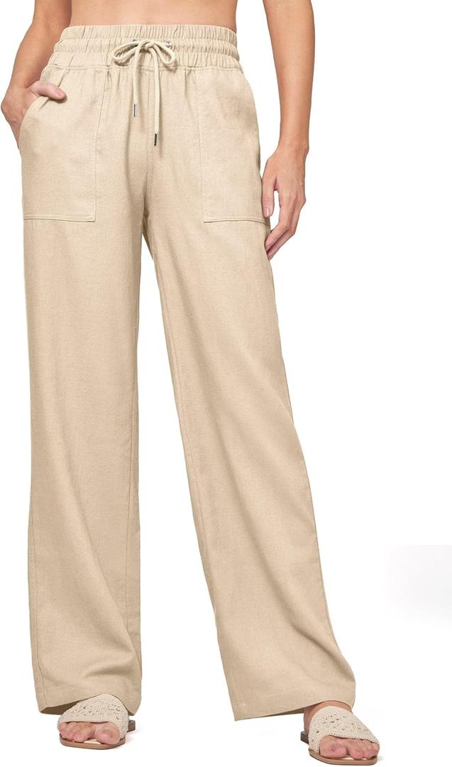 Willit Women Linen Pants Wide Leg Casual Palazzo Pants Cotton Linen Lounge Beach Summer Pants with Pockets 29"/31"/ 33" (Beige, XXL)