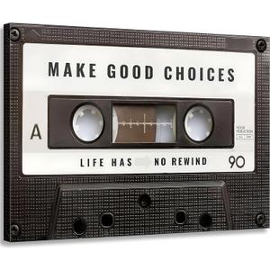 Inspirational Office Canvas Wall Art Picture Vintage Cassett Tape Prints Make Good Choices Life Has No Rewind Inspiring Artwork Motivational Wall Decor for Office Bedroom Living Room 24x36in Framed